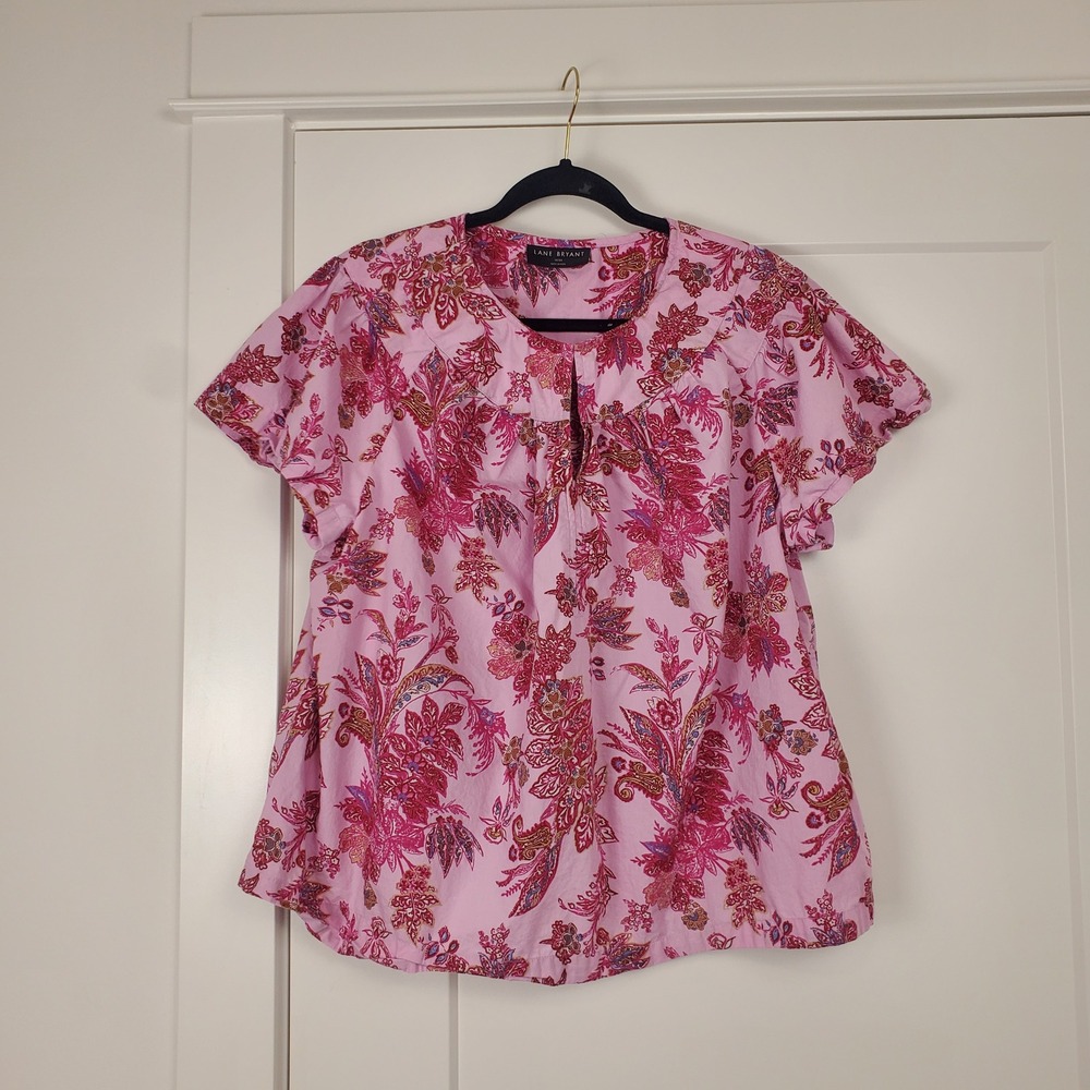 Lane Bryant Blouse Womens 18/20 Pink Paisley Cotton Short Sleeve Keyhole Top